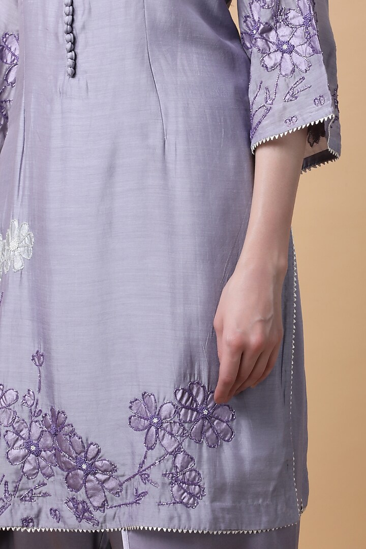 Purple Satin Georgette Printed & Embroidered Kurta Set by Manish Nagdeo at Pernia's Pop Up Shop