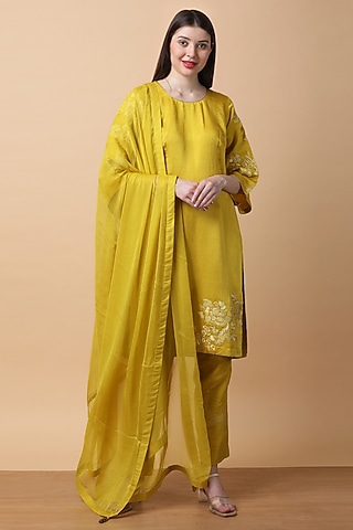 Mustard Bamboo Muslin Dori Embroidered Kurta Set by Manish Nagdeo