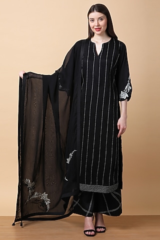 Black Modal Thread Embroidered Kurta Set by Manish Nagdeo