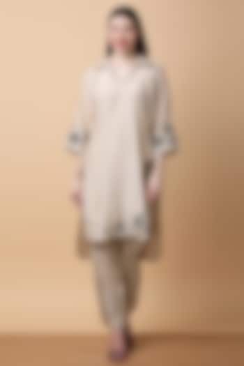 Beige Bamboo Muslin Floral Printed Kurta Set by Manish Nagdeo at Pernia's Pop Up Shop