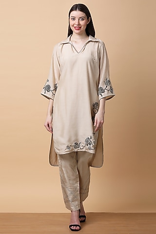 Beige Bamboo Muslin Floral Printed Kurta Set by Manish Nagdeo