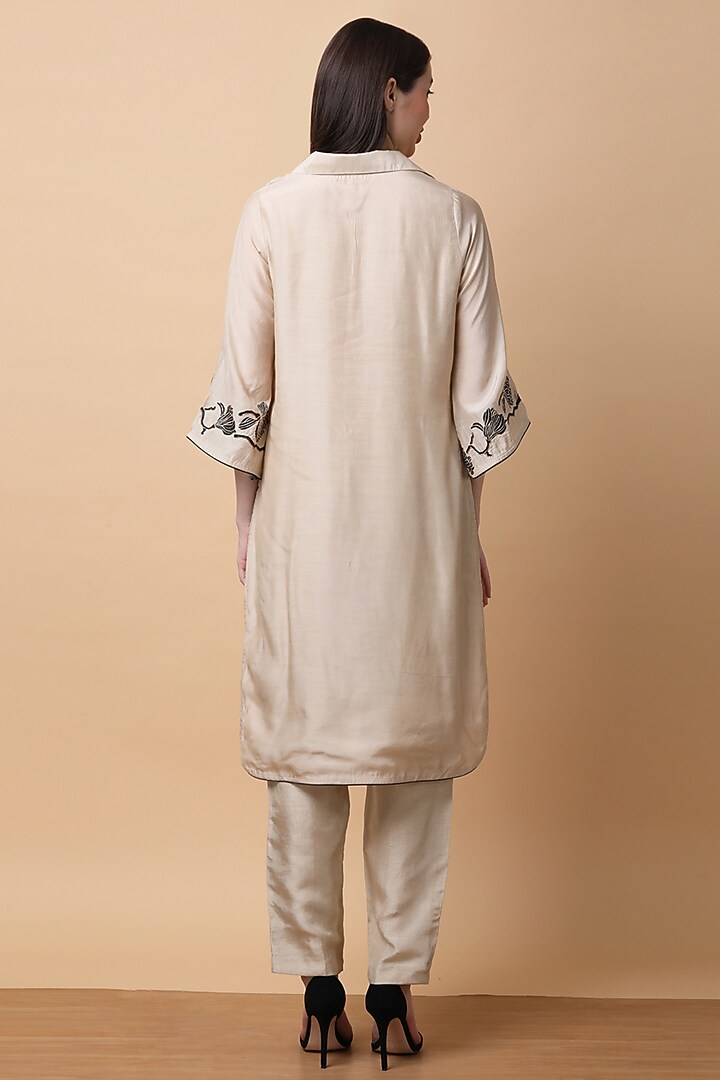 Beige Bamboo Muslin Floral Printed Kurta Set by Manish Nagdeo at Pernia's Pop Up Shop