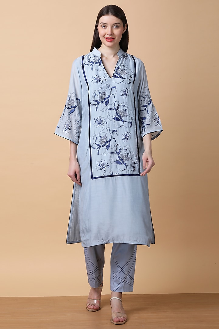 Powder Blue Bamboo Muslin Printed & Hand Embroidered Kurta Set by Manish Nagdeo at Pernia's Pop Up Shop