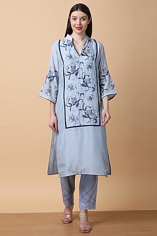 Powder Blue Bamboo Muslin Printed & Hand Embroidered Kurta Set by Manish Nagdeo
