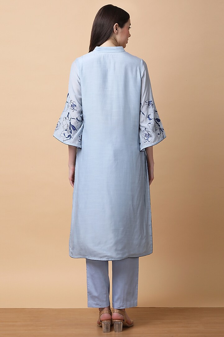 Powder Blue Bamboo Muslin Printed & Hand Embroidered Kurta Set by Manish Nagdeo at Pernia's Pop Up Shop