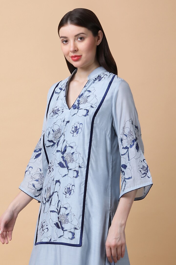 Powder Blue Bamboo Muslin Printed & Hand Embroidered Kurta Set by Manish Nagdeo at Pernia's Pop Up Shop
