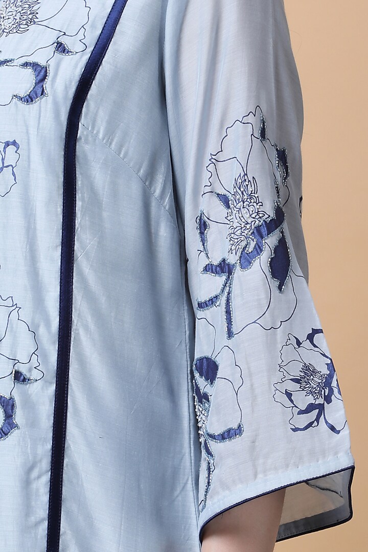 Powder Blue Bamboo Muslin Printed & Hand Embroidered Kurta Set by Manish Nagdeo at Pernia's Pop Up Shop