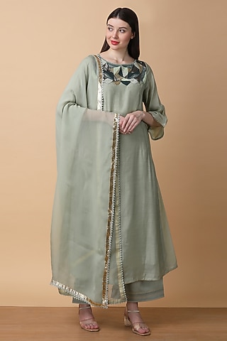 Olive Green Bamboo Muslin Cutdana Embroidered Kurta Set by Manish Nagdeo