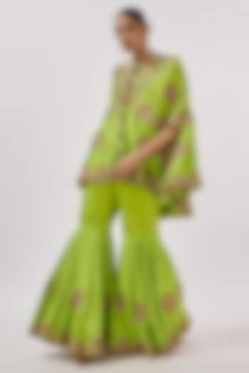Green Silk Embroidered Gharara Set by Minaxi Dadoo