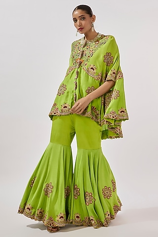 Green Silk Embroidered Gharara Set by Minaxi Dadoo