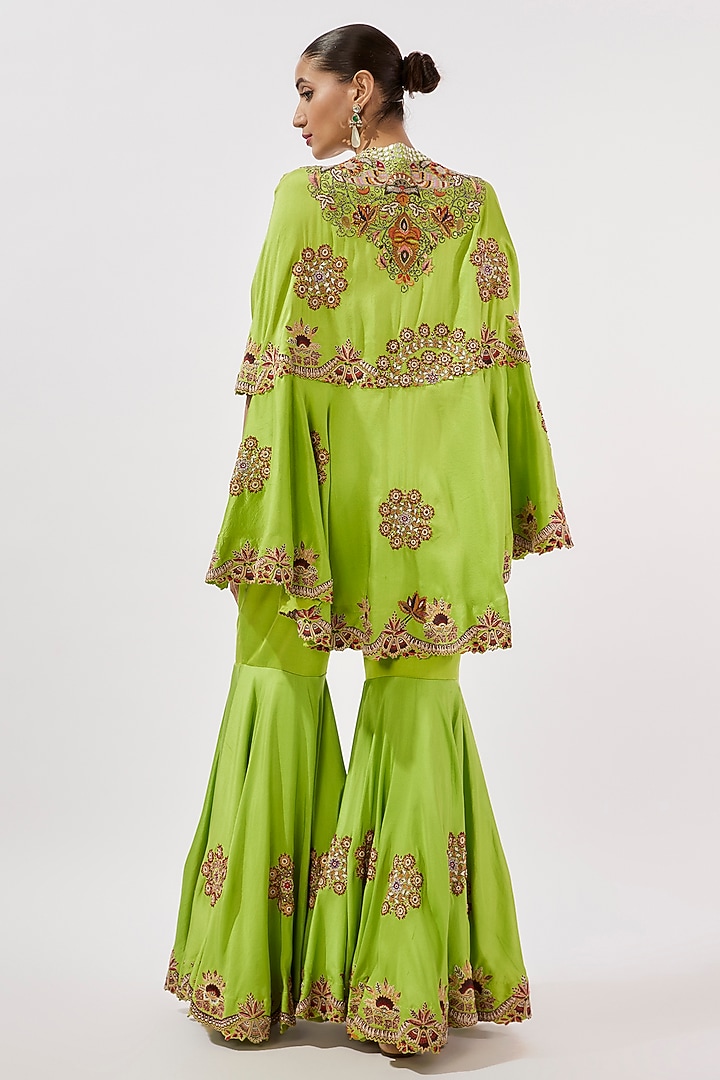 Green Silk Embroidered Gharara Set by Minaxi Dadoo at Pernia's Pop Up Shop