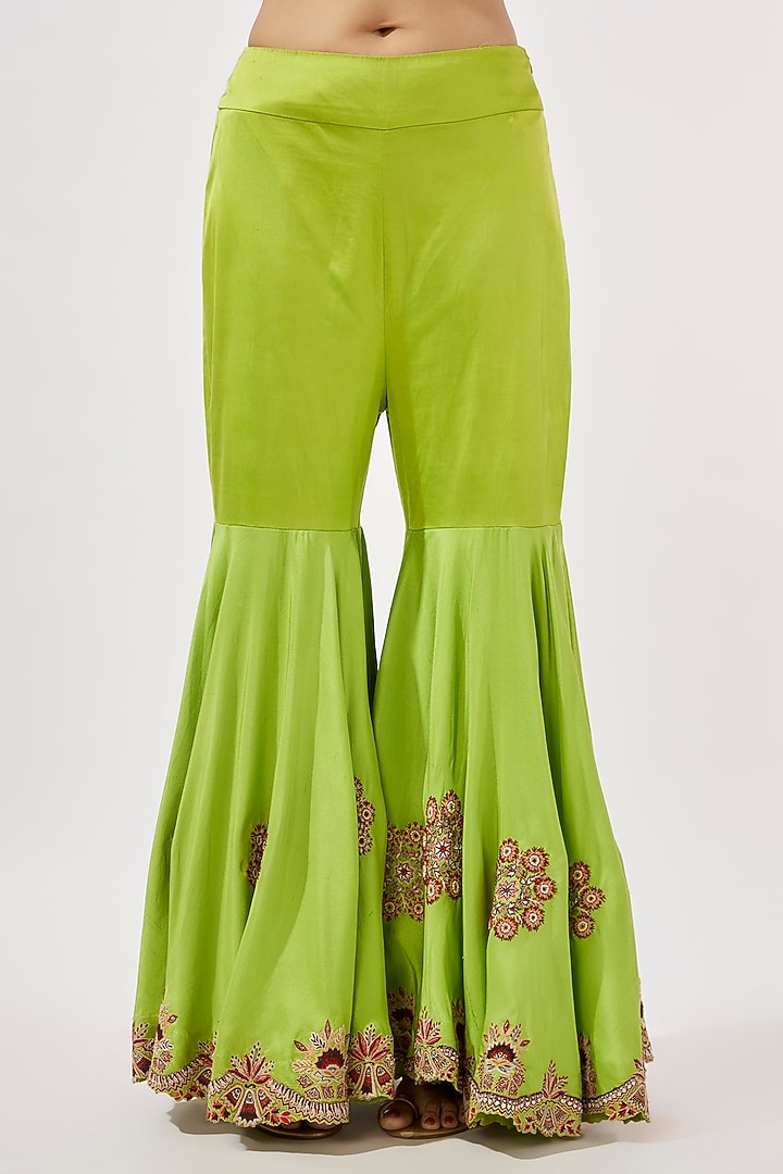 Green Silk Embroidered Gharara Set by Minaxi Dadoo at Pernia's Pop Up Shop