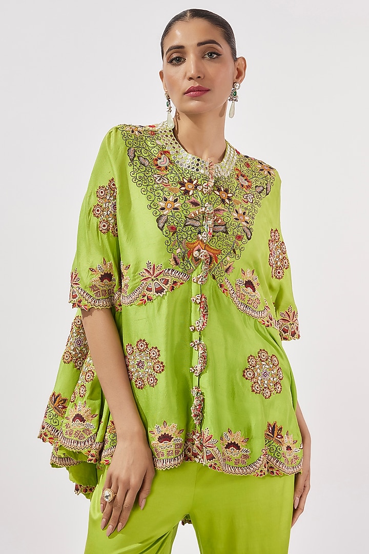Green Silk Embroidered Gharara Set by Minaxi Dadoo at Pernia's Pop Up Shop