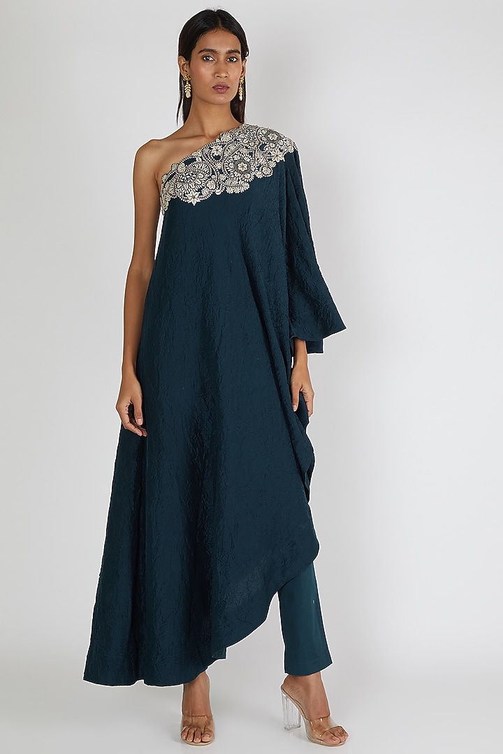 Peacock Blue Embroidered Dress With Pants by Minaxi Dadoo at Pernia's Pop Up Shop
