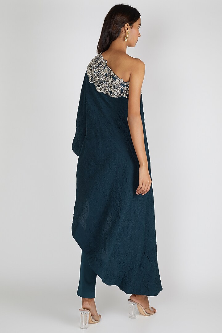Peacock Blue Embroidered Dress With Pants by Minaxi Dadoo at Pernia's Pop Up Shop