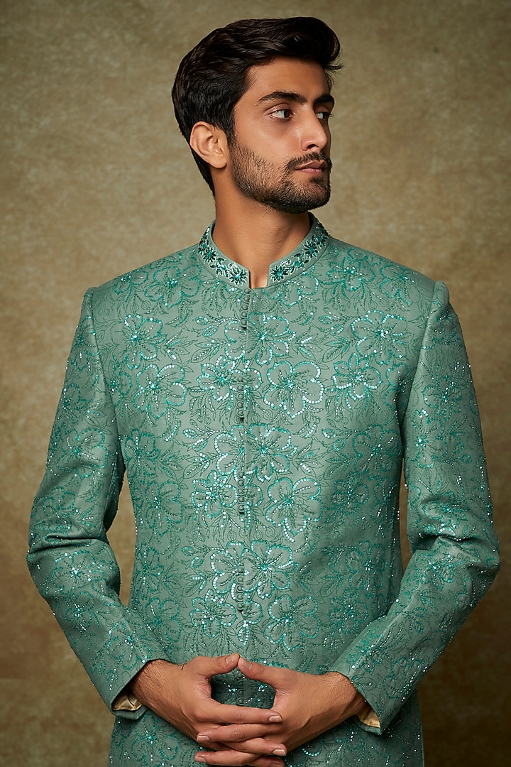 Jade Green Silk Printed & Embroidered Indo-Western Set by Manish Nagdeo Men at Pernia's Pop Up Shop