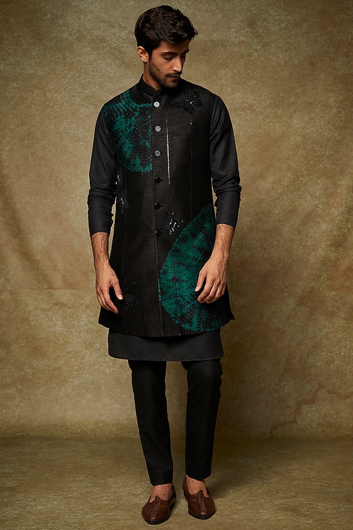 Black Silk Printed & Embroidered Jacket With Kurta Set by Manish Nagdeo