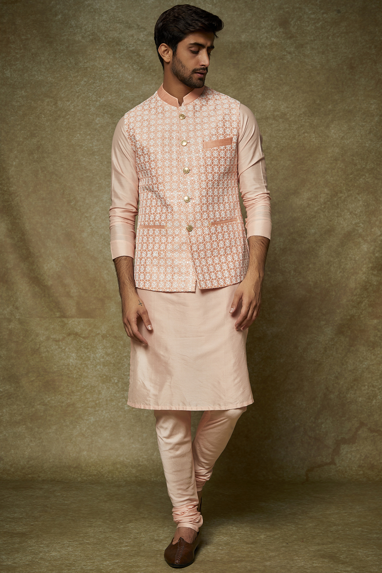 Peach Art Silk Sequins Embroidered Bundi Jacket by Manish Nagdeo Men at Pernia's Pop Up Shop