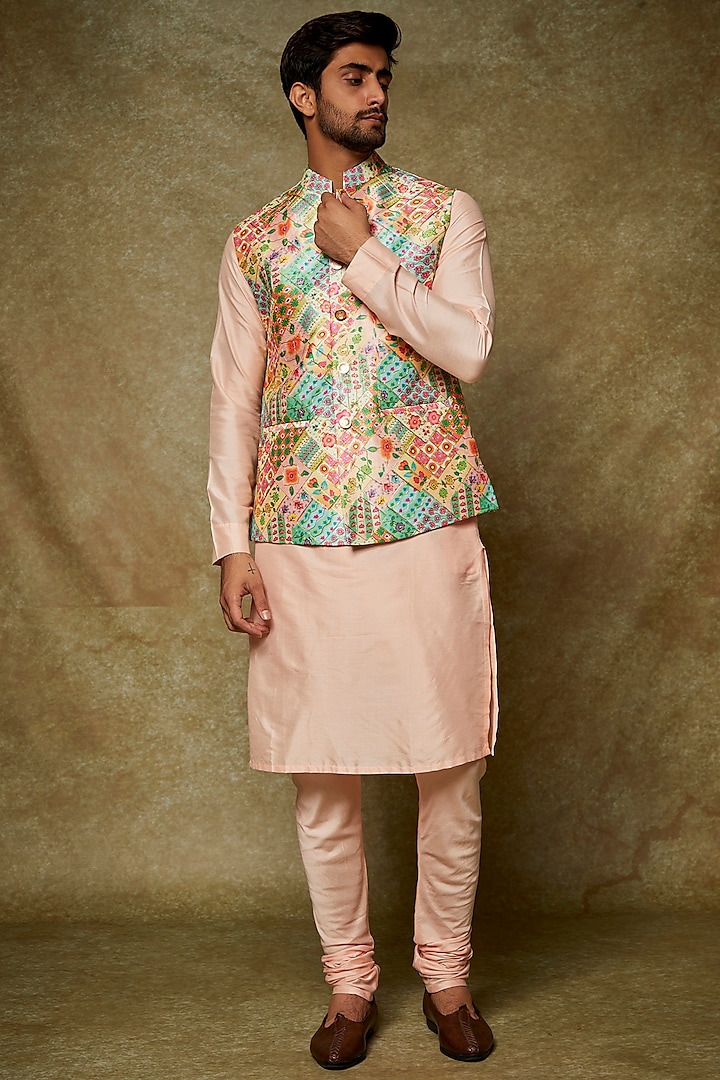 Multi-Colored Silk Printed & Embroidered Bundi Jacket With Kurta Set by Manish Nagdeo