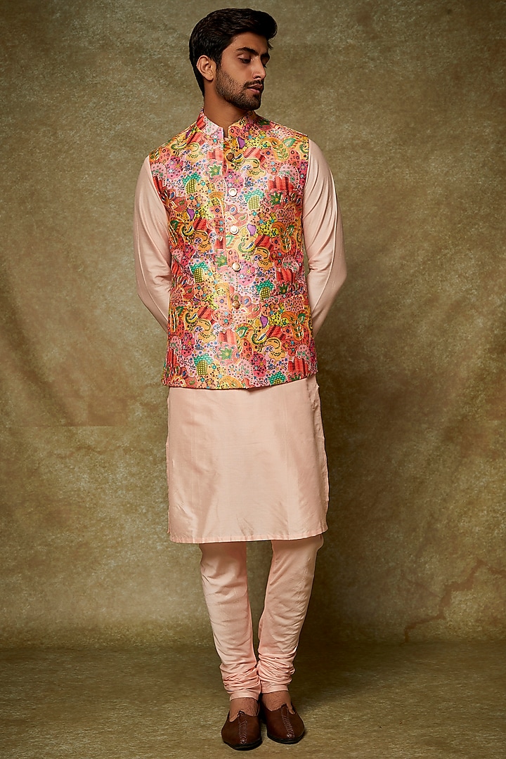 Multi-Colored Silk Printed & Embroidered Bundi Jacket With Kurta Set by Manish Nagdeo