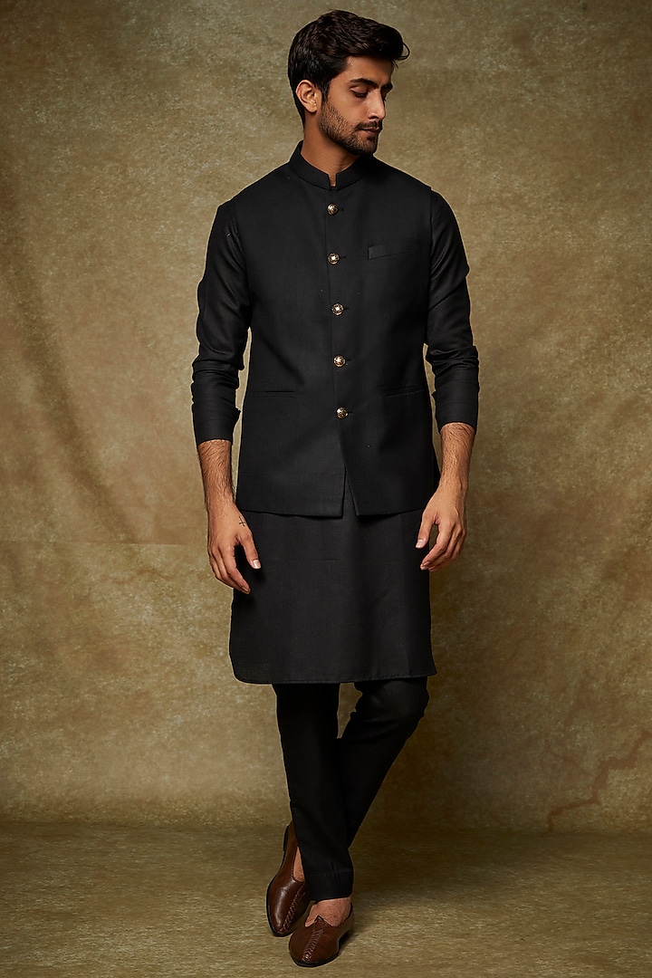 Black Silk Kurta Set With Bundi jacket by Manish Nagdeo