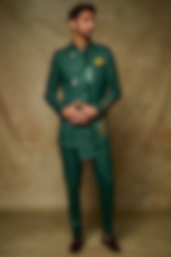 Bottle Green Silk Embroidered Indo-Western Set by Manish Nagdeo Men at Pernia's Pop Up Shop