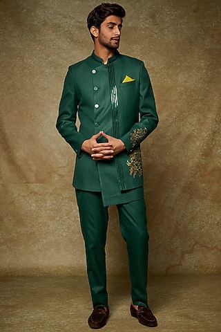Bottle Green Silk Embroidered Indo-Western Set by Manish Nagdeo Men