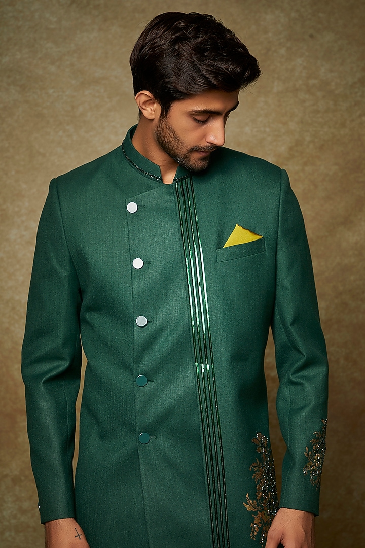 Bottle Green Silk Embroidered Indo-Western Set by Manish Nagdeo Men at Pernia's Pop Up Shop