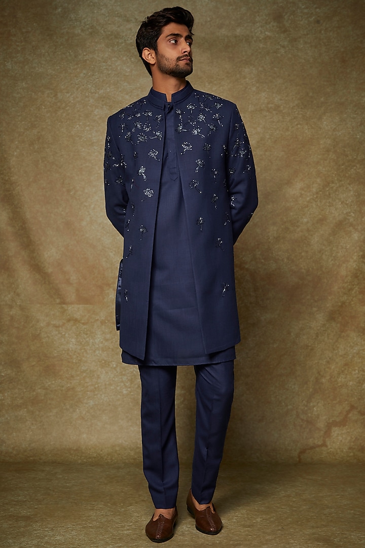 Navy Blue Silk Hand Embroidered Indo-Western Set by Manish Nagdeo