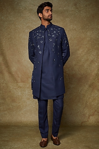 Navy Blue Silk Hand Embroidered Indo-Western Set by Manish Nagdeo Men