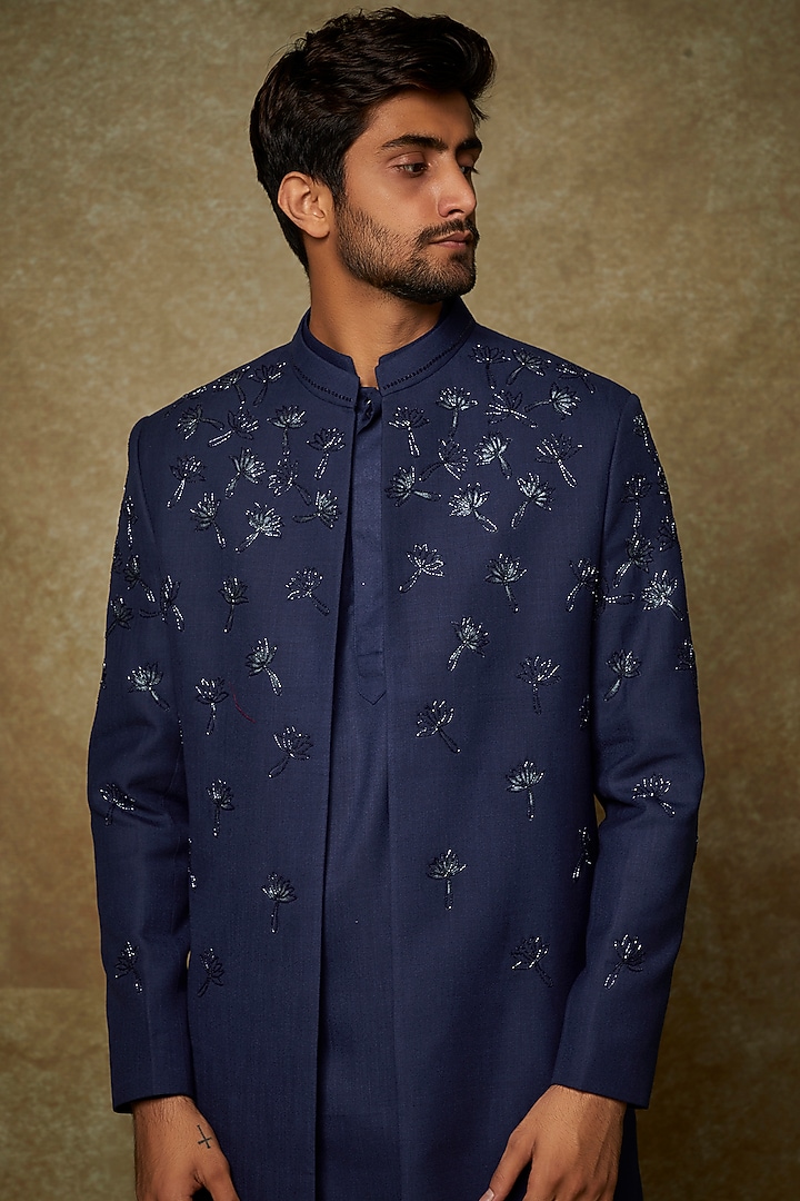 Navy Blue Silk Hand Embroidered Indo-Western Set by Manish Nagdeo Men at Pernia's Pop Up Shop