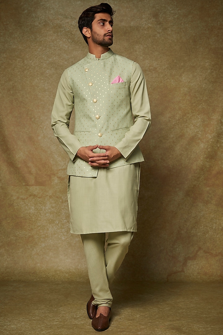 Mint Green Silk Kurta Set With Bundi Jacket by Manish Nagdeo