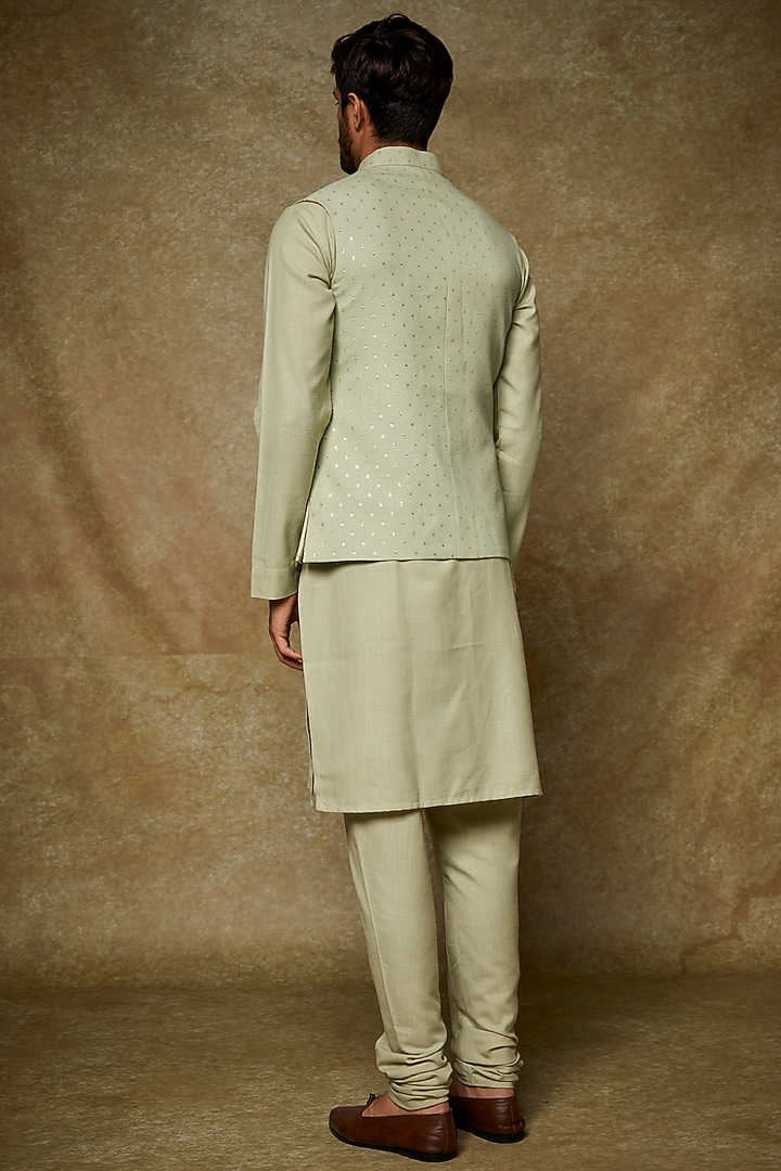 Mint Green Silk Kurta Set With Bundi Jacket by Manish Nagdeo Men at Pernia's Pop Up Shop