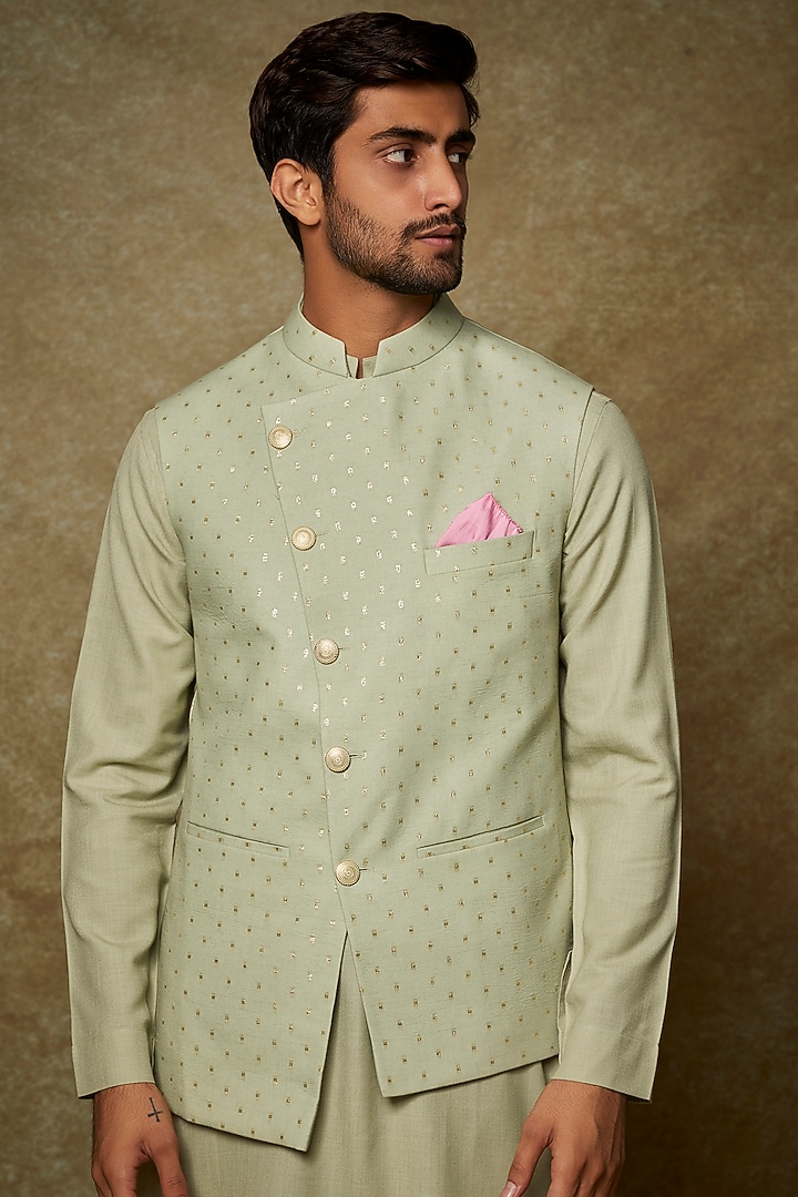 Mint Green Silk Kurta Set With Bundi Jacket by Manish Nagdeo Men at Pernia's Pop Up Shop
