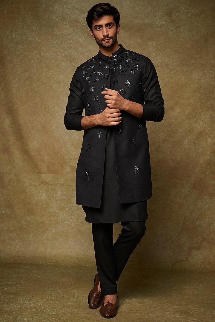 Black Silk Embroidered Indowestern Set by Manish Nagdeo