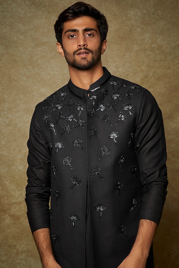 Black Silk Embroidered Wedding Indowestern Set by Manish Nagdeo Men at Pernia's Pop Up Shop