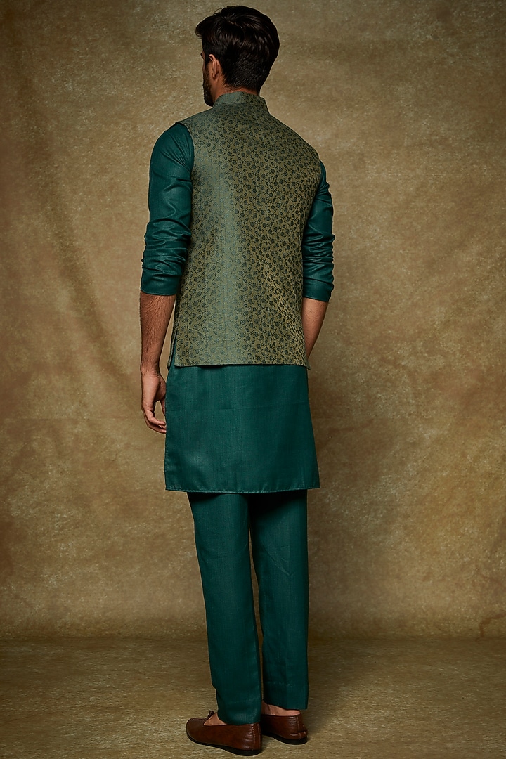 Green Cotton Brocade Nehru Jacket Set by Manish Nagdeo Men at Pernia's Pop Up Shop