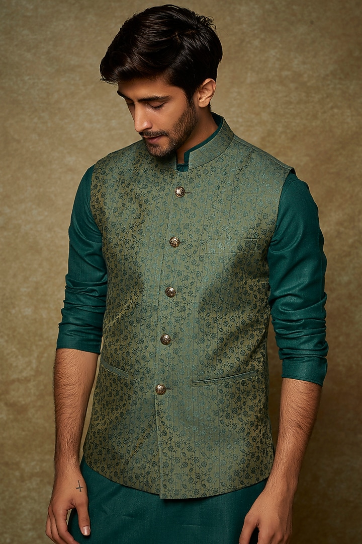 Green Cotton Brocade Nehru Jacket Set by Manish Nagdeo Men at Pernia's Pop Up Shop