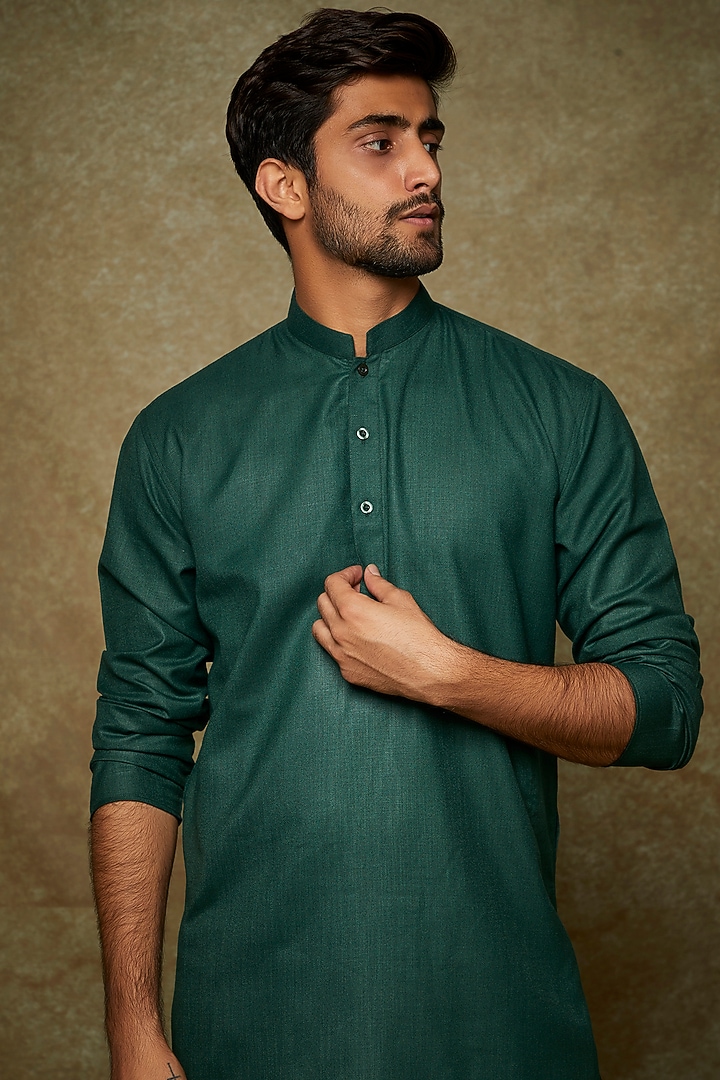 Green Cotton Brocade Nehru Jacket Set by Manish Nagdeo Men at Pernia's Pop Up Shop