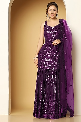 Purple Georgette Sequins Sharara Set by MeenaGurnam