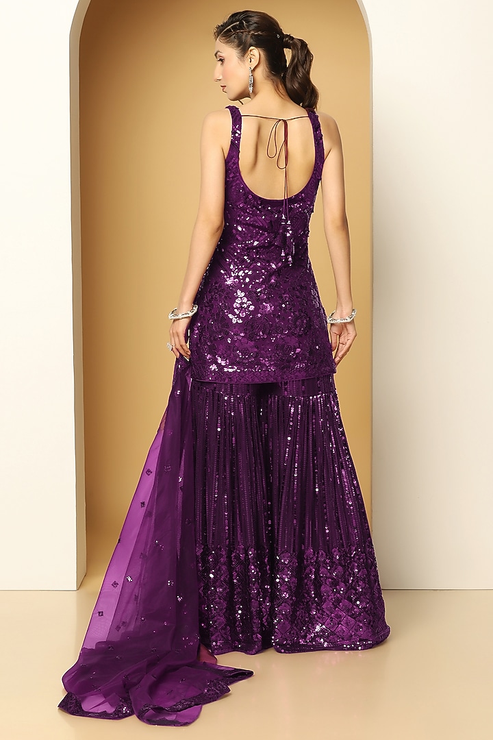 Purple Georgette Sequins Party Wear Sharara Set by MeenaGurnam at Pernia's Pop Up Shop