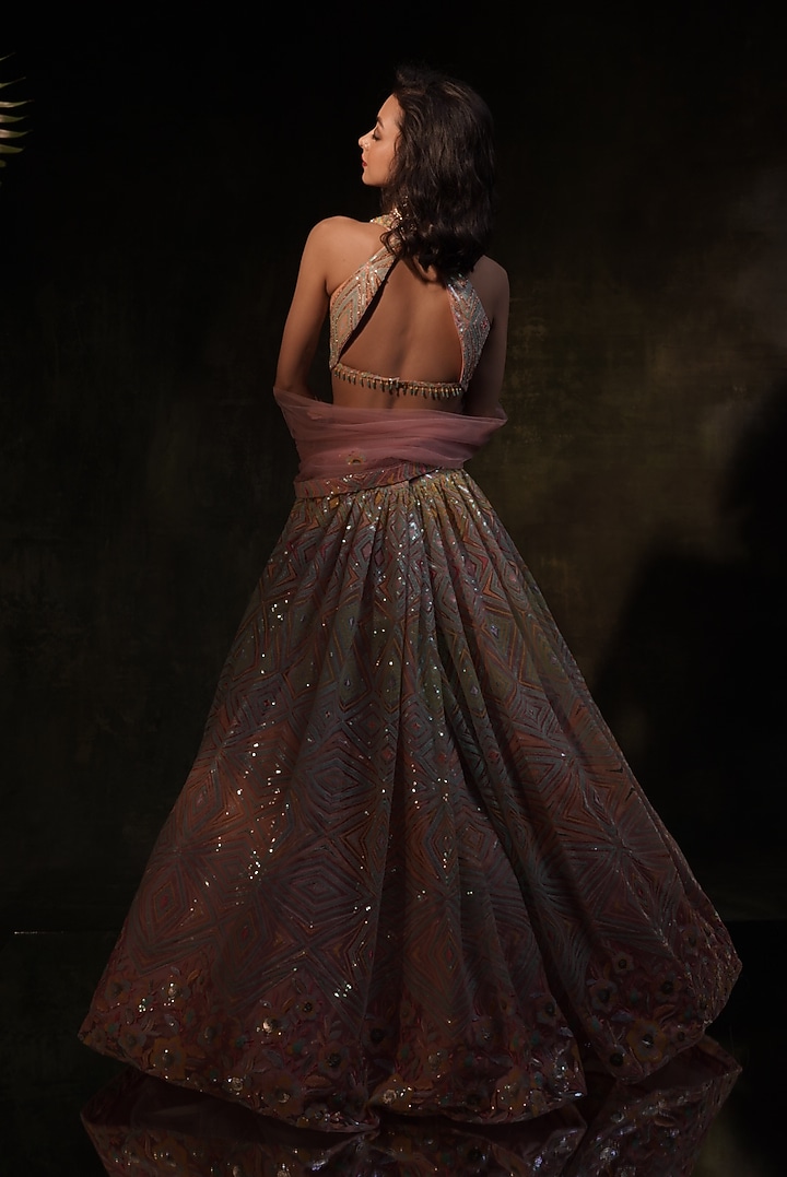 Pink Net Hand Embroidered Wedding Lehenga Set by MeenaGurnam at Pernia's Pop Up Shop