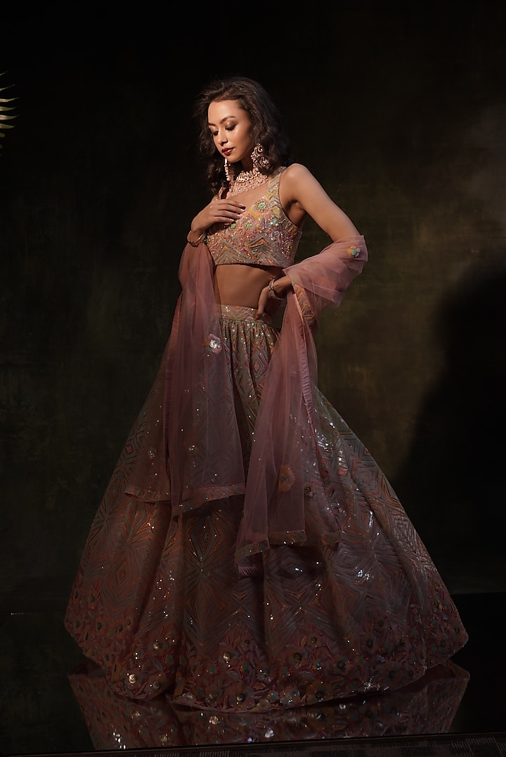 Pink Net Hand Embroidered Wedding Lehenga Set by MeenaGurnam at Pernia's Pop Up Shop
