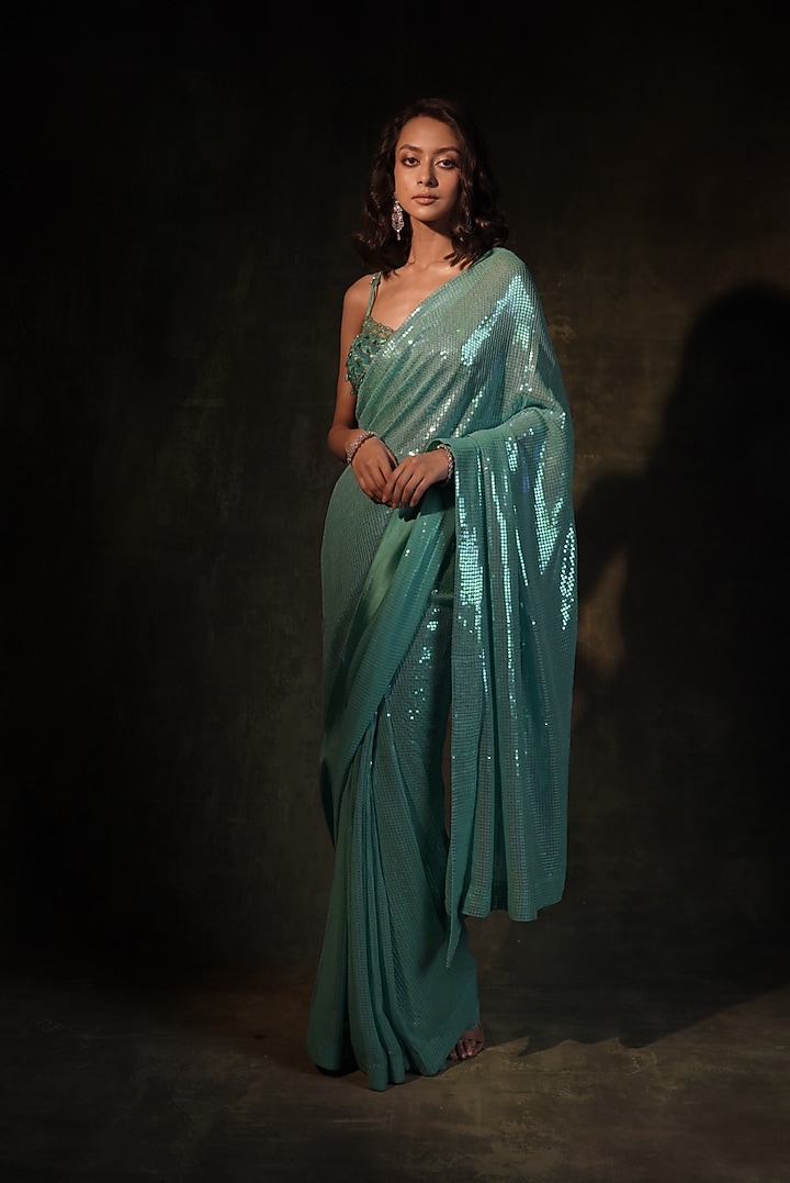 Sea Green Georgette Sequins Wedding Saree Set by MeenaGurnam at Pernia's Pop Up Shop