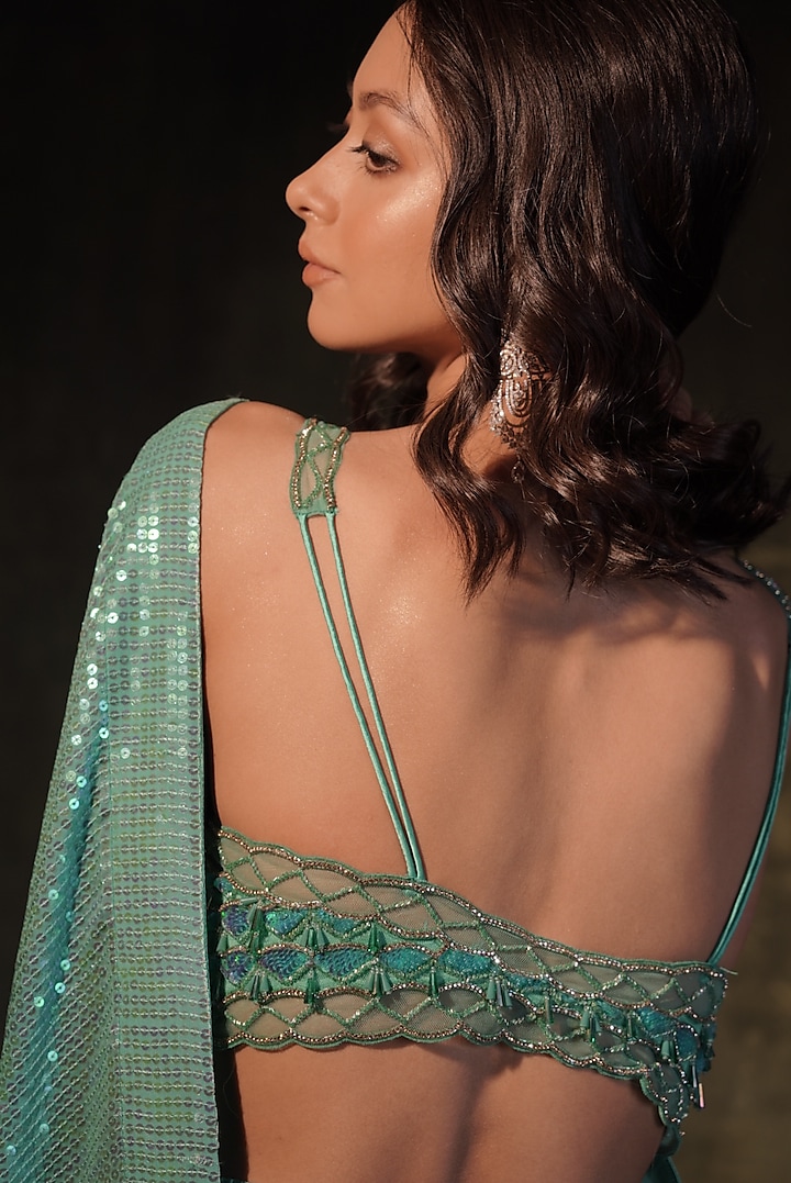 Sea Green Georgette Sequins Wedding Saree Set by MeenaGurnam at Pernia's Pop Up Shop