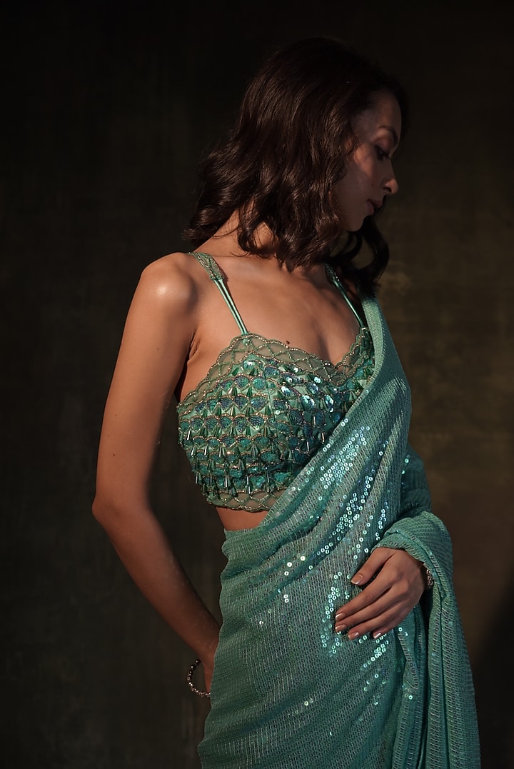 Sea Green Georgette Sequins Wedding Saree Set by MeenaGurnam at Pernia's Pop Up Shop