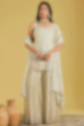 Beige Tissue Embroidered Gharara Set by MeenaGurnam at Pernia's Pop Up Shop