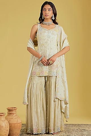 Beige Tissue Embroidered Gharara Set by MeenaGurnam