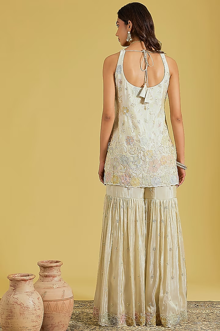 Beige Tissue Embroidered Gharara Set by MeenaGurnam at Pernia's Pop Up Shop