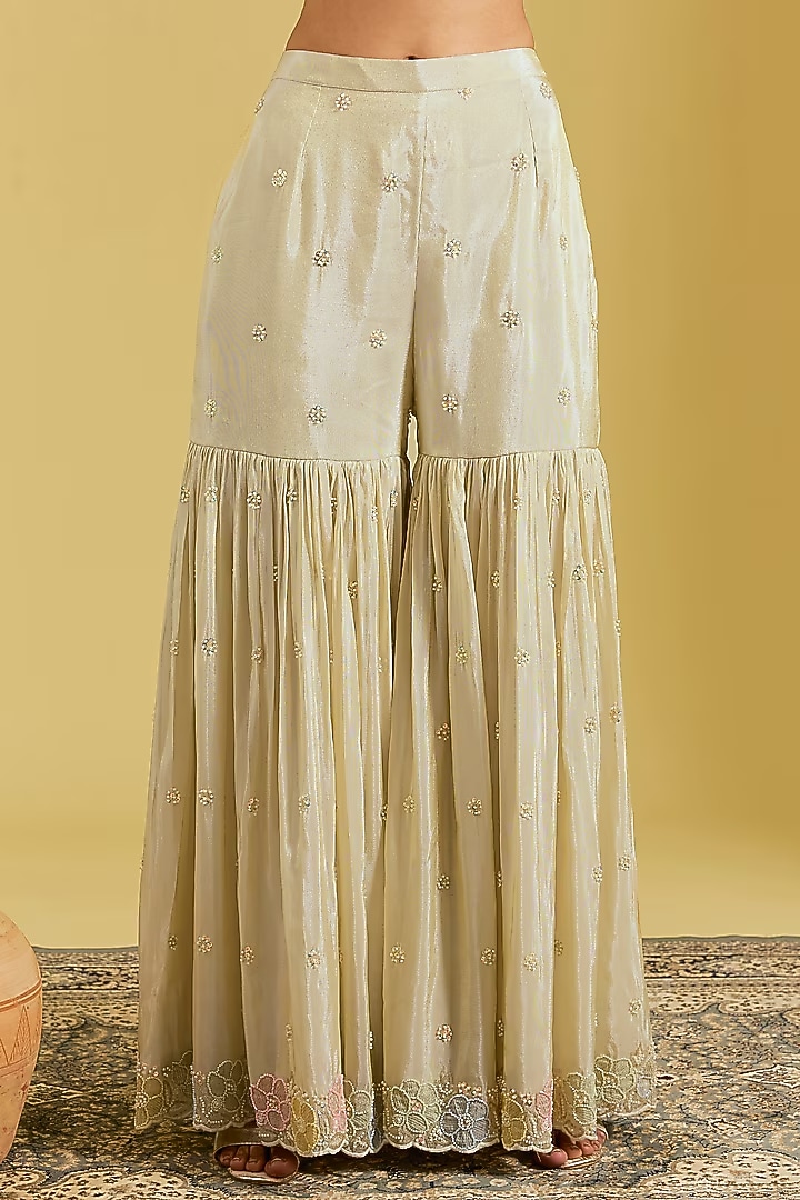 Beige Tissue Embroidered Gharara Set by MeenaGurnam at Pernia's Pop Up Shop